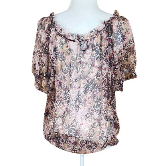 Ella Moss Sheer Blouse Size S Mauve Multicolor Silk Chiffon Short Puff Sleeves - Picture 3 of 7